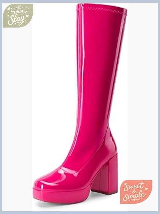 Shoes - Women's Platform Knee High Boots Chunky Heel Side Zipper Vegan Leather